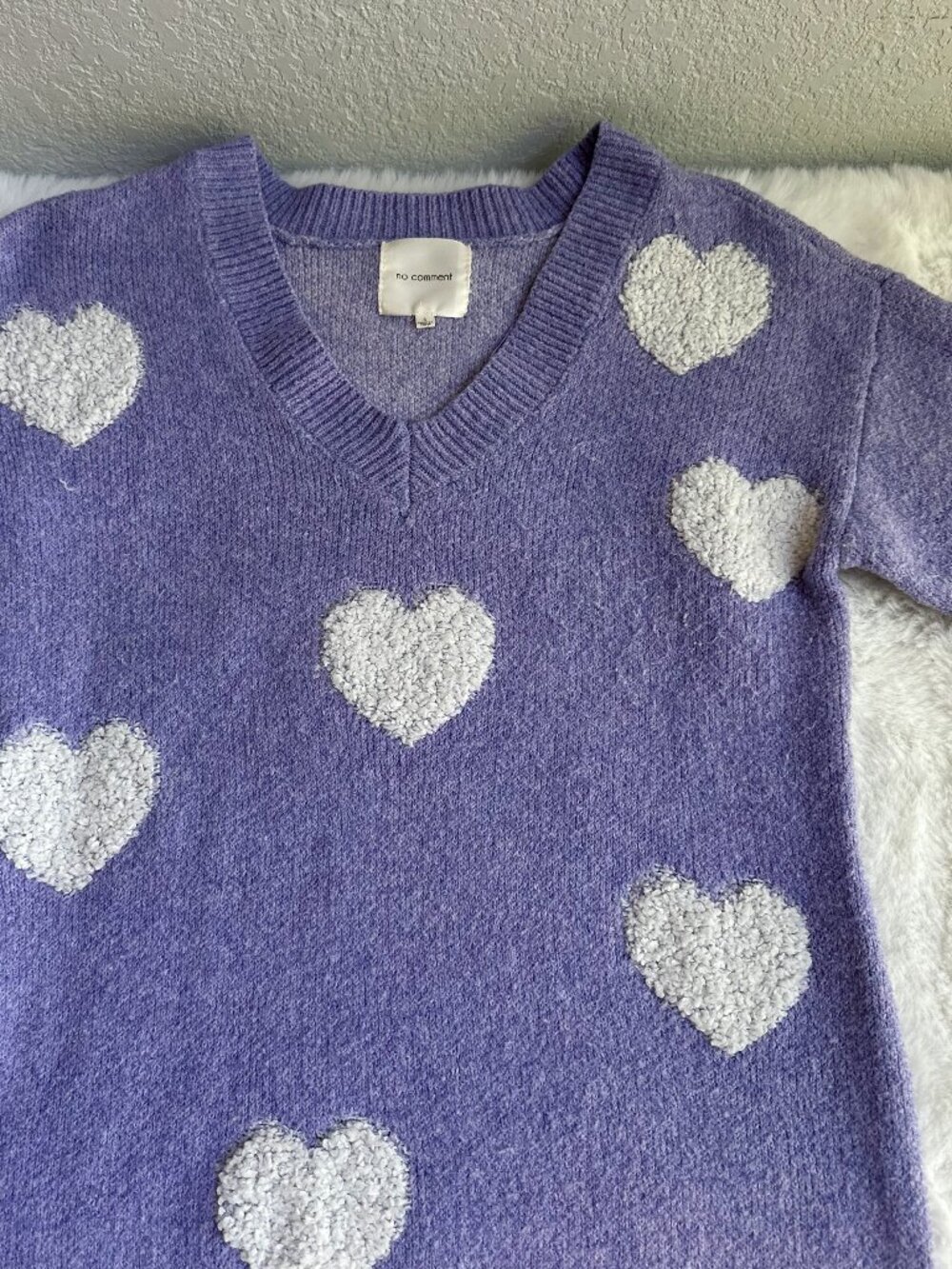 No Comment Women’s Purple Lavender Heart V-Neck Knit Sweater
